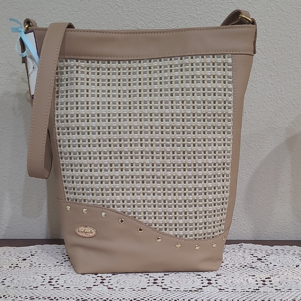Artisan made Leather And Fabric Tan and Cream Shoulder Or Crossbody Tote Bag